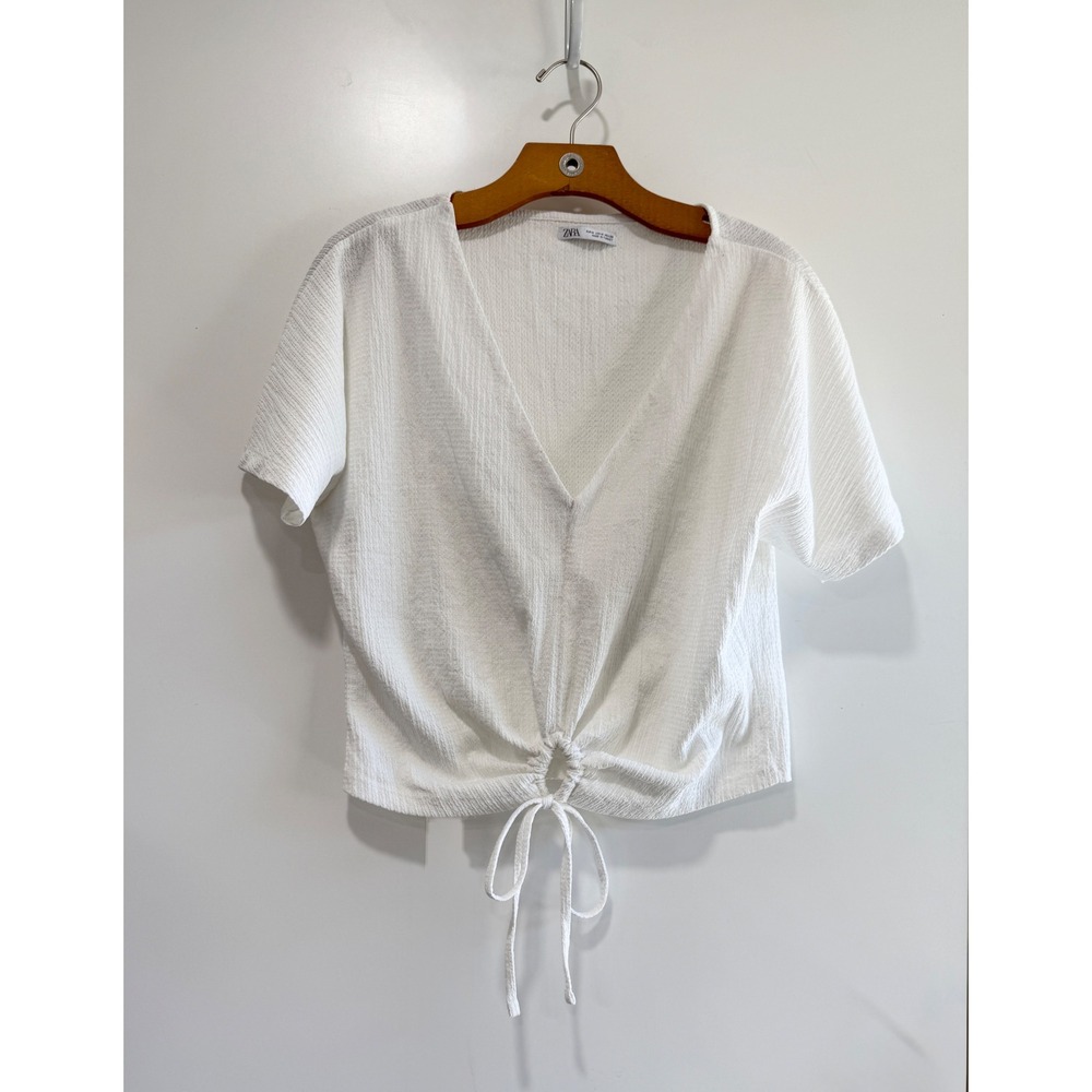 Zara White Textured V-Neck Short Sleeve Tie Front Blouse Top Size M